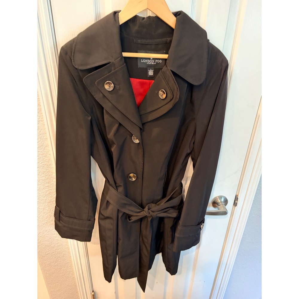 London Fog Trench Coat Black Hooded Belted Red Lining Rain Jacket RN121545